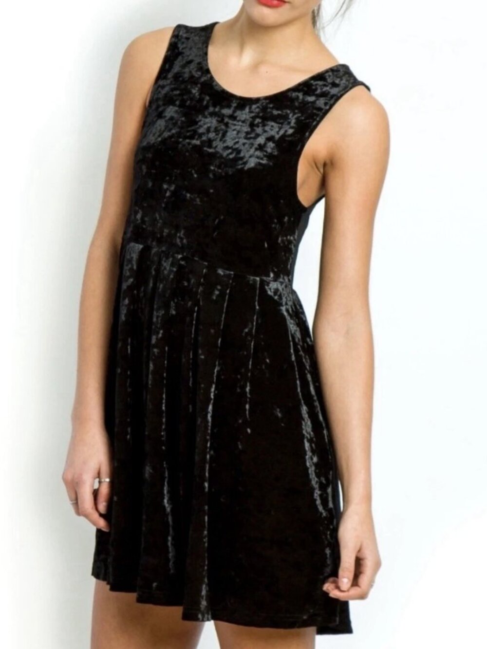 MINKPINK Sheer Mesh Back Crushed Velvet Mini Dress Sz XS Black Fit &‎ Flare